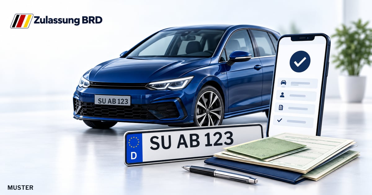 Online Fahrzeugzulassung in Much: Musterkennzeichen SU AB 123, Auto und Fahrzeugpapiere und Smartphone. Illustration mit Logo von Zulassung BRD.